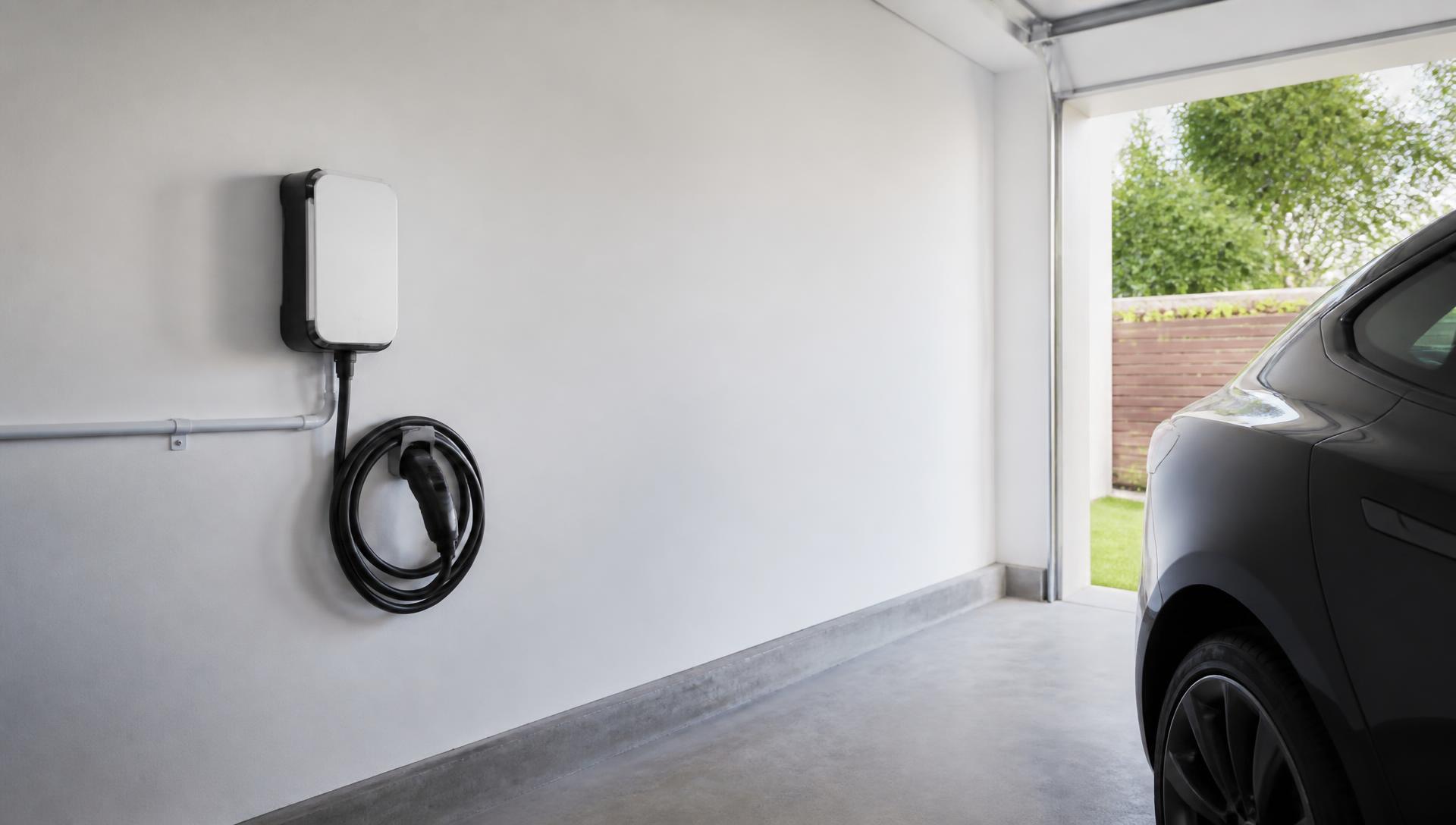 Cargador de vehículo eléctrico instalado en la pared de un garaje