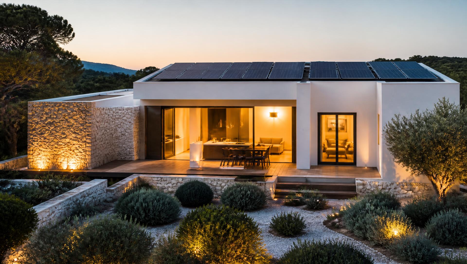 Vivienda contemporánea en Cataluña con placas solares en cubierta e iluminación interior encendida al atardecer